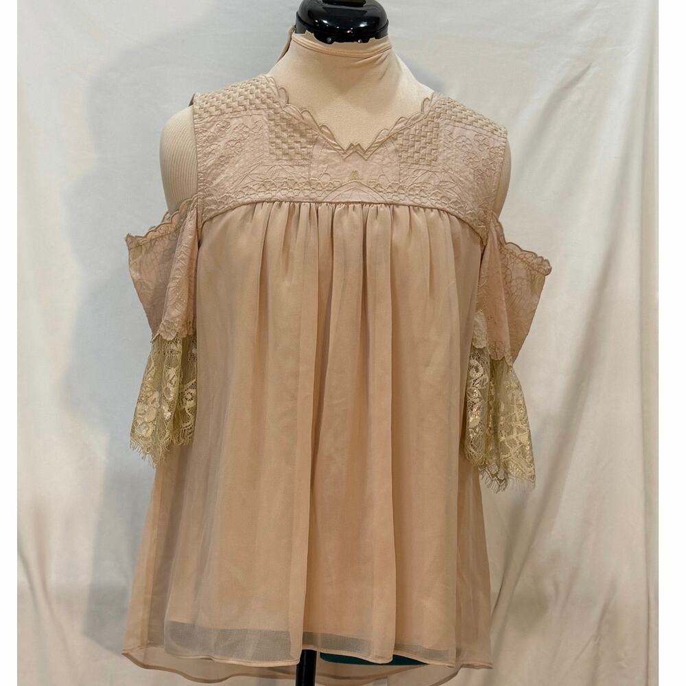 Embroidered Smocked Cold Shoulder Blouse | Lace Sleeve |Babydoll| Blush |Size XS